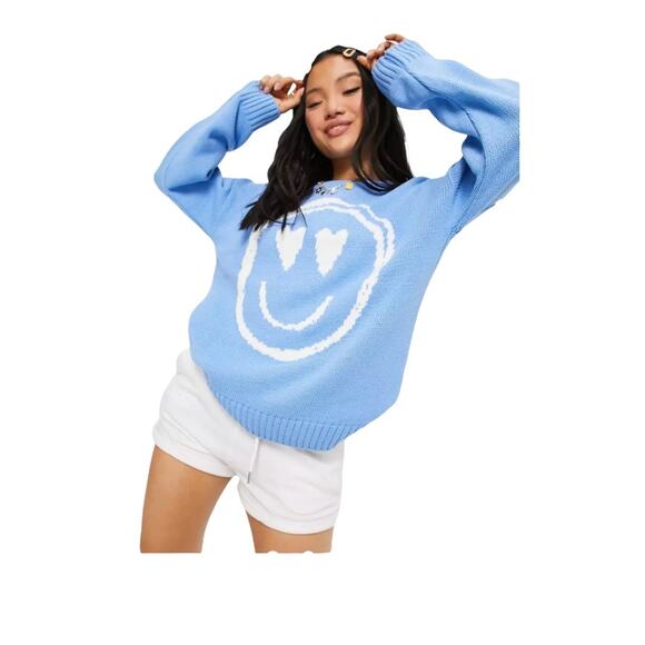 ASOS designs smiley face sweater size 2 small petite woman’s blue - Picture 1 of 8